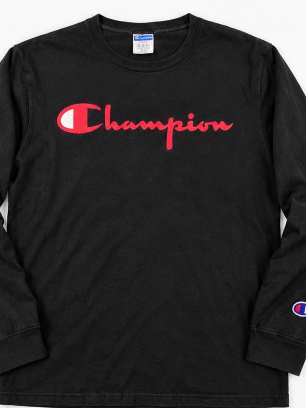 Champion Black Long Sleeve Tee with Red Script Logo